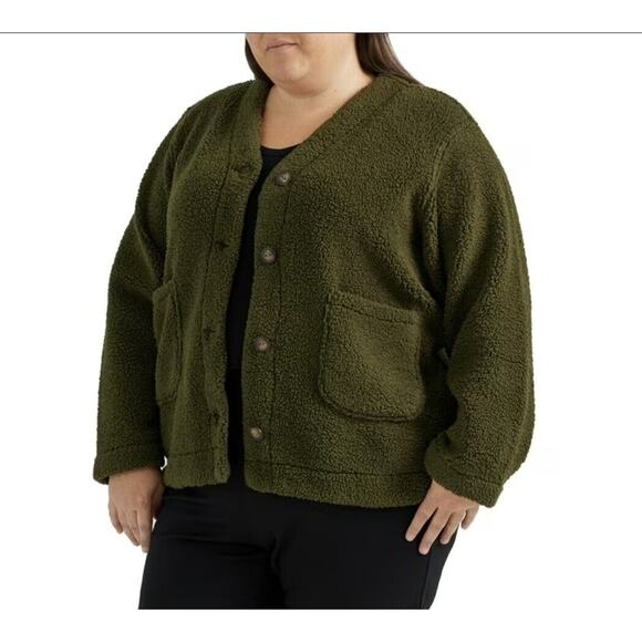Lee Plus Size Fleece V Neck Cardigan Size 1x Green - Picture 1 of 8